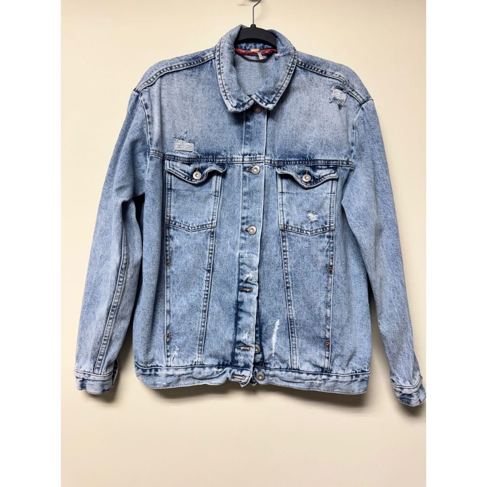 FREE PEOPLE Ramona Denim Trucker Jacket, Oversized, Distressed, Sz XS - Picture 2 of 11